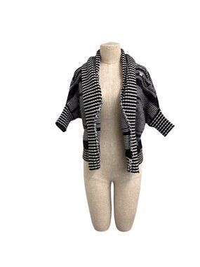 Vintage Express Knit Coatigan 2000s Wool-Blend Black & White Zigzag, Size S,